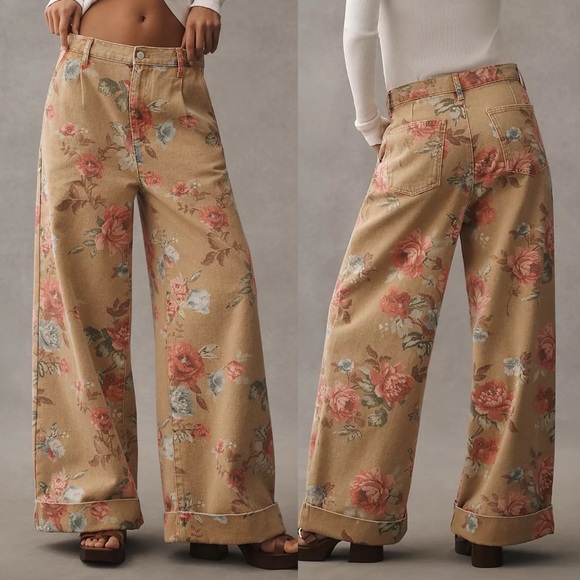 Anthropologie Denim - Anthropologie Floral Wide-Leg Jeans in Tan with Pink & Blue Roses